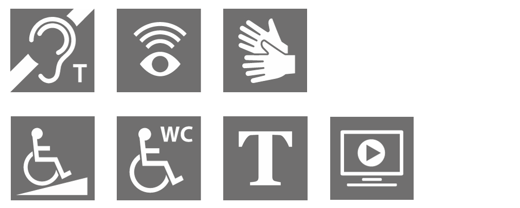 Tillgänglighetssymboler i programmet: teleslinga, syntolkning, teckenspråkstolkning, entré tillgänglig för rullstol, toalett tillgänglig för rullstol, textning och webbsändning.